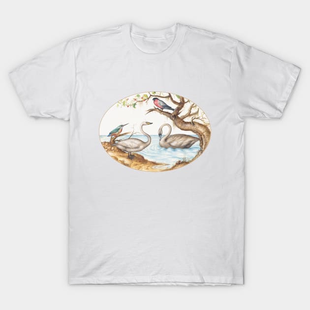 Two Swans, Kingfisher, and Bullfinch (1575–1580) T-Shirt by WAITE-SMITH VINTAGE ART